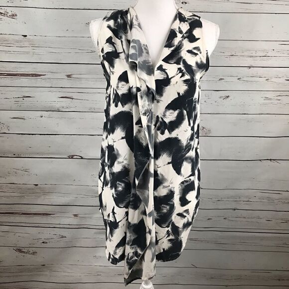 Leith Tops - Leith Black White Floral Sleeveless 100% Silk tank
